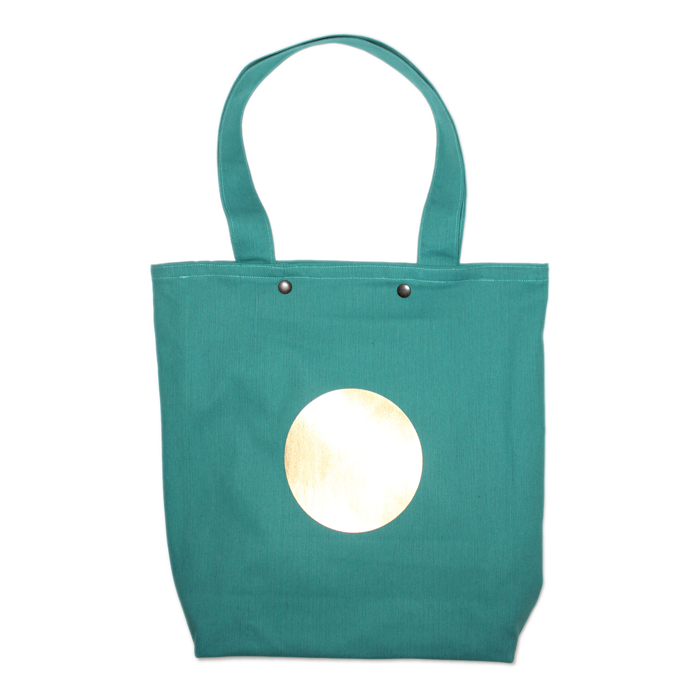 Big green denim shopper with golden sun and cotton lining.
