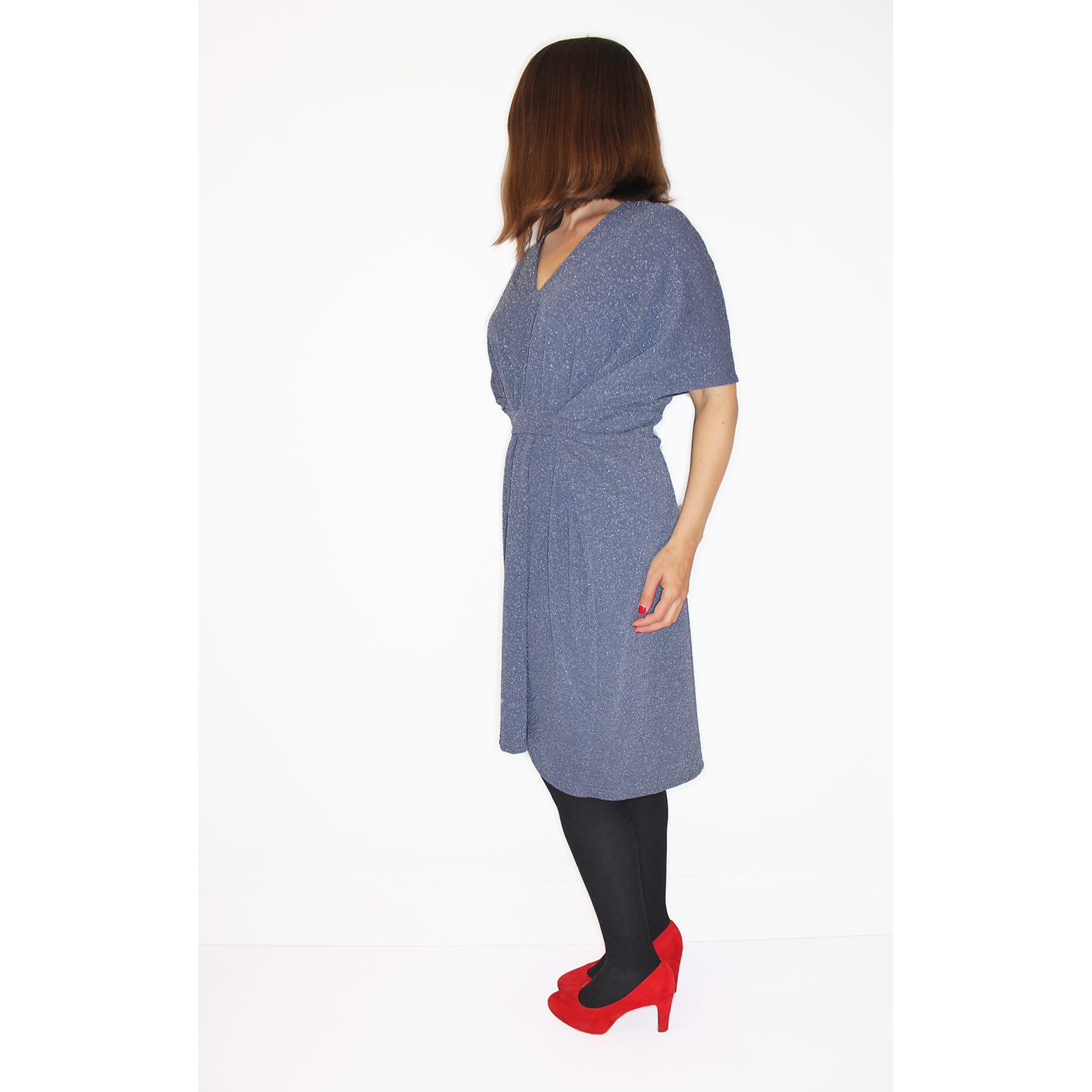 Diamond shimmer grey blue flowy dress with v-neck