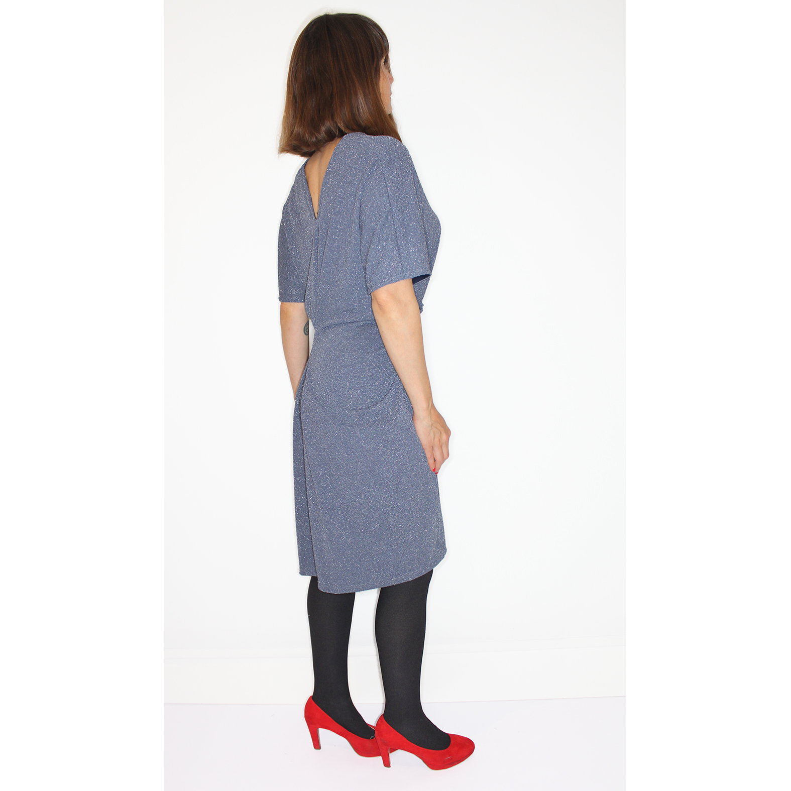 Diamond shimmer grey blue flowy dress with v-neck