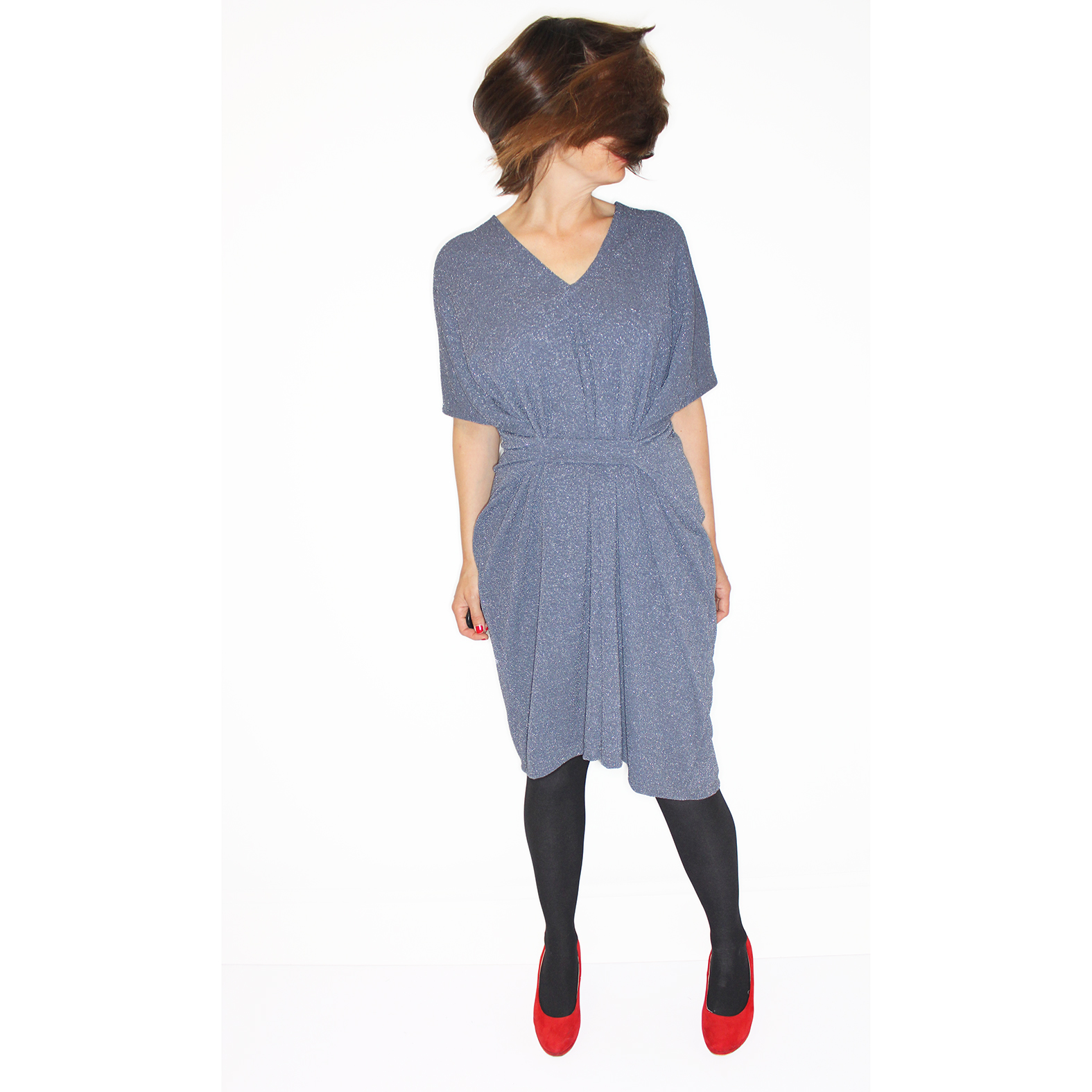 Diamond shimmer grey blue flowy dress with v-neck