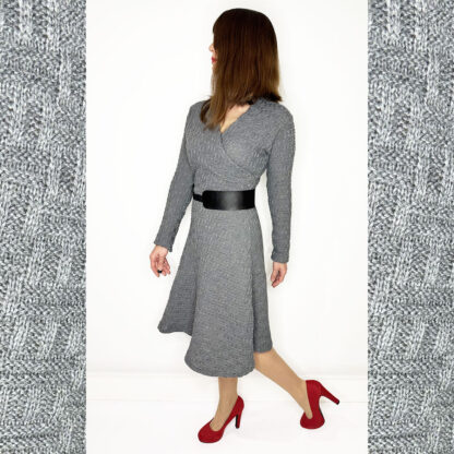 Warm grey chunky knit dress with black vegan belt from Studio Catta, handmade in Amsterdam.