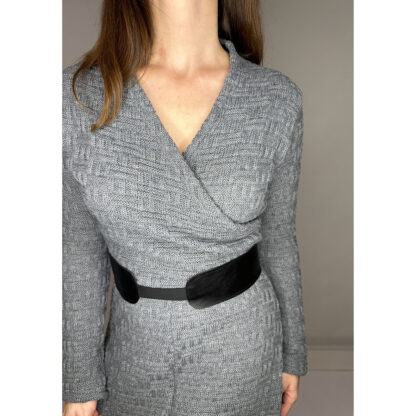 Warm grey chunky knit dress with black vegan belt from Studio Catta, handmade in Amsterdam.