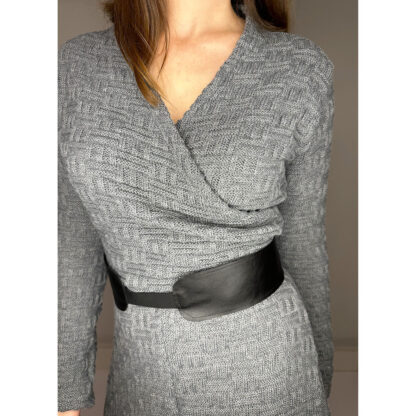 Warm grey chunky knit dress with black vegan belt from Studio Catta, handmade in Amsterdam.