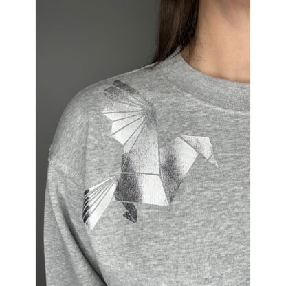 Cropped melange grey organic cotton sweater with silver origami birds, handmade by Slowfashion Amsterdam.