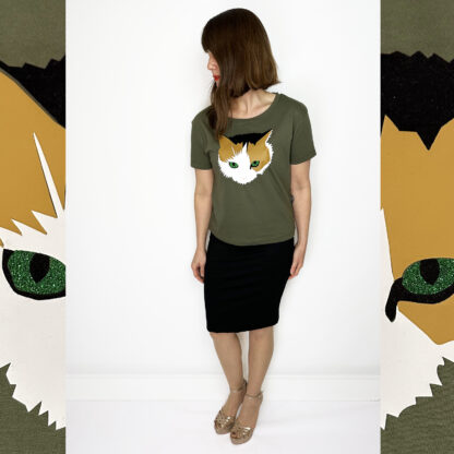 Stylish khaki organic cotton shirt with captivating green glitter eyed calico cat print