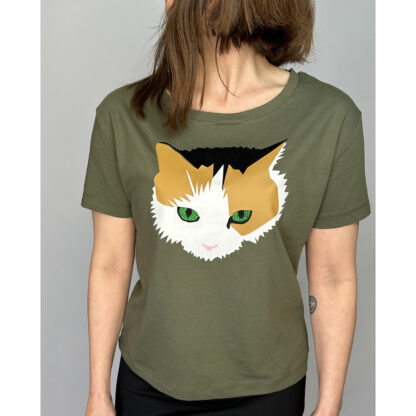 Stylish khaki organic cotton shirt with captivating green glitter eyed calico cat print