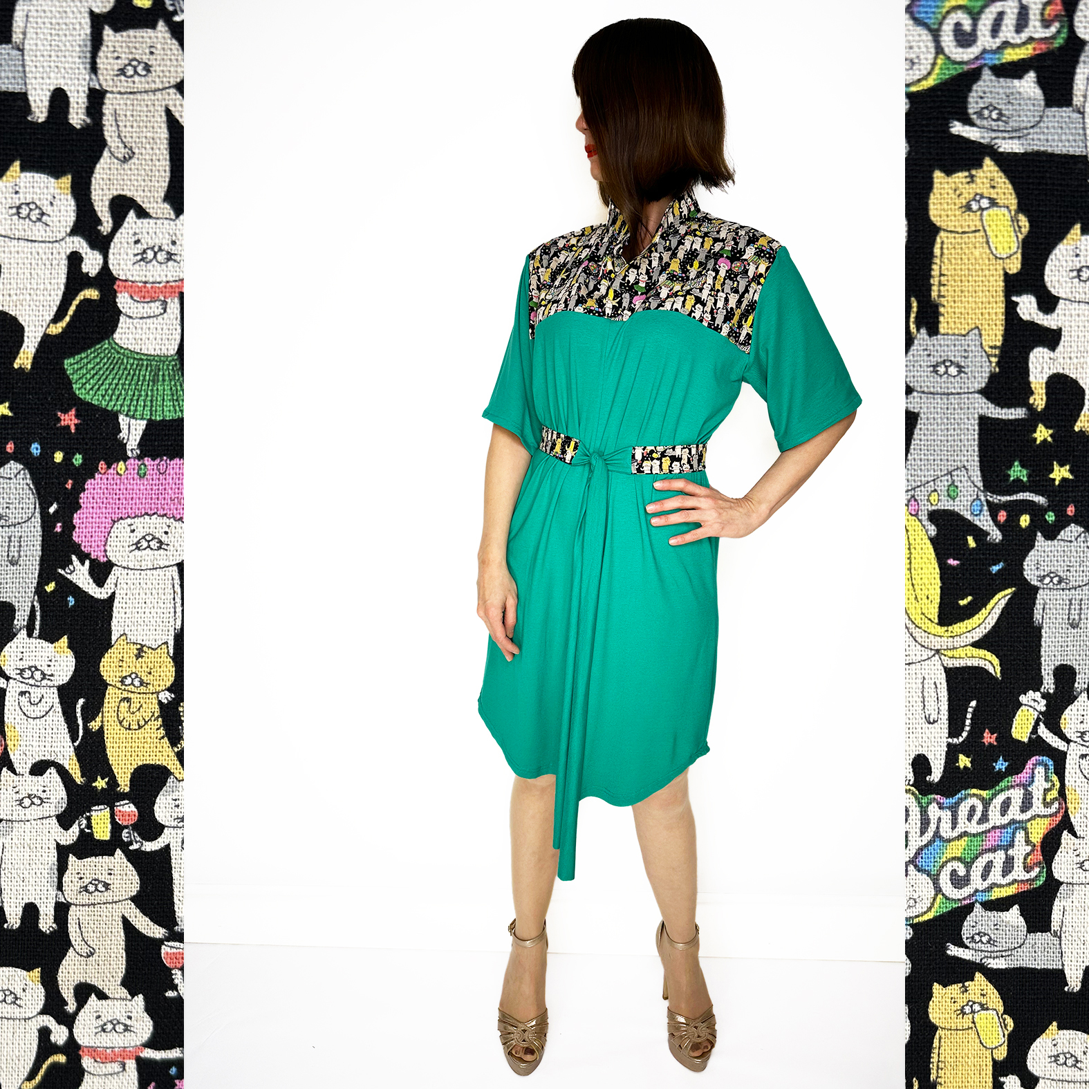 Discover our stunning Flowy Green Dress adorned with playful Japanese Party Cats! Flowy Green Dress with Japanese Party Cats Print: Features a versatile sash for customizable shaping, chic half sleeves with black cotton bias tape, and a comfortable fit crafted from a luxurious blend of 96% viscose and 4% elastane jersey fabric. Unique design highlights shoulders, collar, and belt crafted from exquisite Japanese cotton printed fabric. Meticulously designed and handmade in Studio Catta Amsterdam. FREE NL shipping & €12 worldwide shipping.