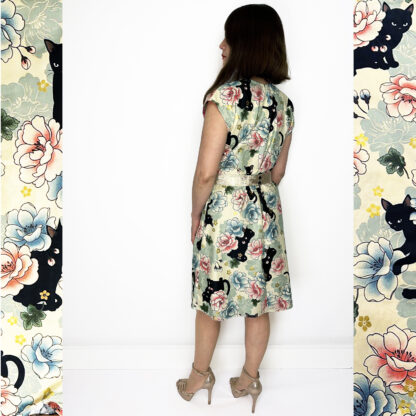 Japanese cotton dress with floral patterns and black cats