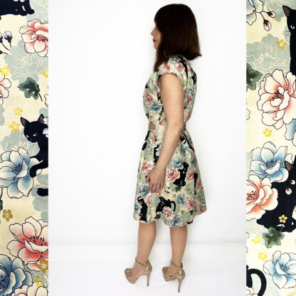 Japanese cotton dress with floral patterns and black cats