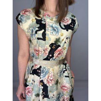 Japanese cotton dress with floral patterns and black cats