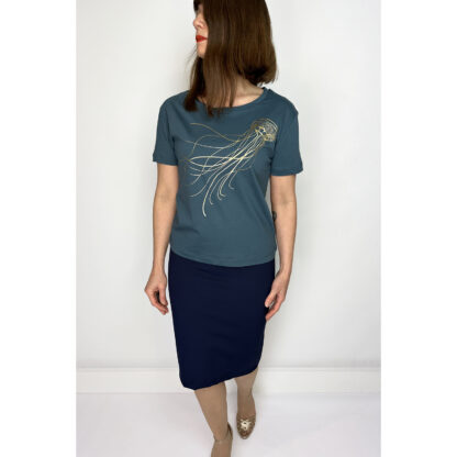 Teal shirt with golden medusa jellyfish print on soft organic cotton jersey fabric