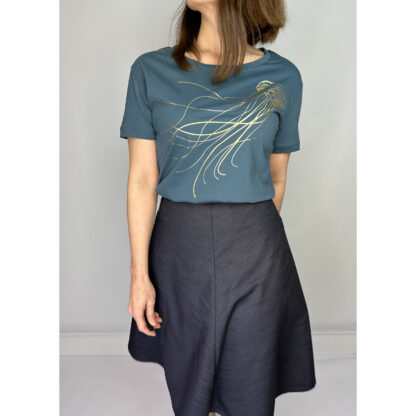 Teal shirt with golden medusa jellyfish print on soft organic cotton jersey fabric