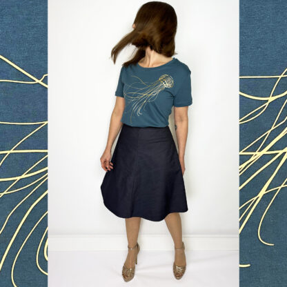 Teal shirt with golden medusa jellyfish print on soft organic cotton jersey fabric