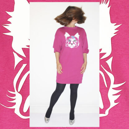 Pink sweater dress featuring Bowie the Cat print in metallic blue, gold, and white foil on soft organic cotton.