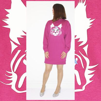 Pink sweater dress featuring Bowie the Cat print in metallic blue, gold, and white foil on soft organic cotton.