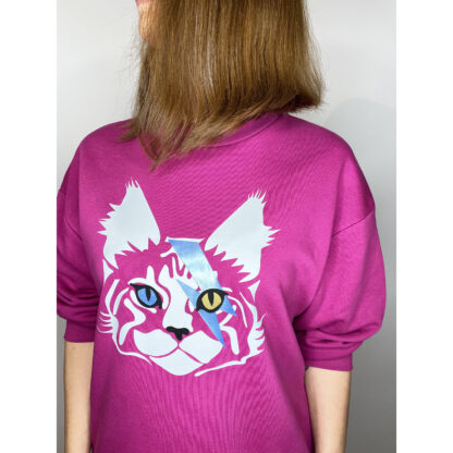 Pink sweater dress featuring Bowie the Cat print in metallic blue, gold, and white foil on soft organic cotton.