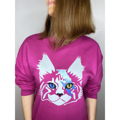 Pink sweater dress featuring Bowie the Cat print in metallic blue, gold, and white foil on soft organic cotton.
