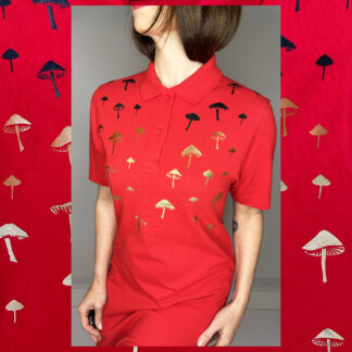 Bright red polo dress made from organic cotton with hand-placed black, copper, and golden foil mushroom prints, inspired by autumn colors, sustainable and Fair Wear certified.