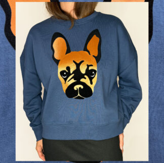 Turquoise roomy organic-cotton sweater with soft interior, printed with metallic copper and black velvet foil Stella design, printed in Studio Catta slowfashion Amsterdam.