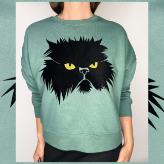 Moss green cropped sweatshirt with black flock grumpy cat print and golden glitter eyes, soft organic cotton, Studio Catta Amsterdam